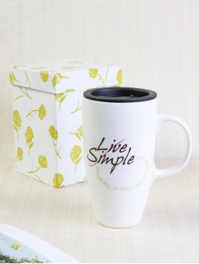 "Live Simple" Porcelain Mug w/ Lid With Gift Box